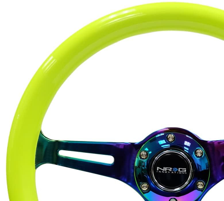 NRG Innovations Steering Wheel NRG-ST-015MC-NYW - 350mm 25mm Deep Configuration, Classic Wood Grain Wheel, 3 Neochrome Spokes-Neon YELLOW Color