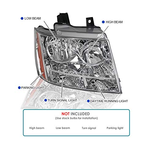 Chrome Headlights SPEC-D TUNING Compatible with 2007-2014 Chevy Avalanche, 2007-2014 Tahoe Suburban, L+R Pair Head Light Lamp Assembly