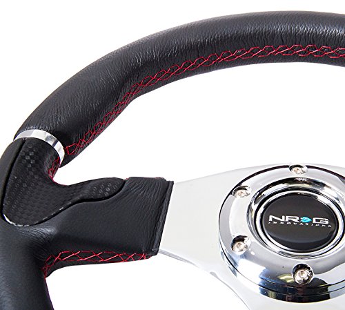 NRG Innovations Reinforced NRG-RST-008R Steering Wheel 320mm Black Leather/Red Stitching with Chrome 3 Spoke Center