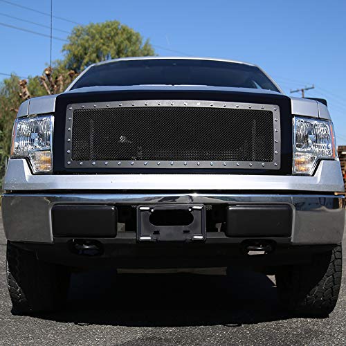 Glossy Black Spec-D Tuning Stainless Steel Rivet Mesh Style Front Hood Grille Compatible with 2009-2014 Ford F150