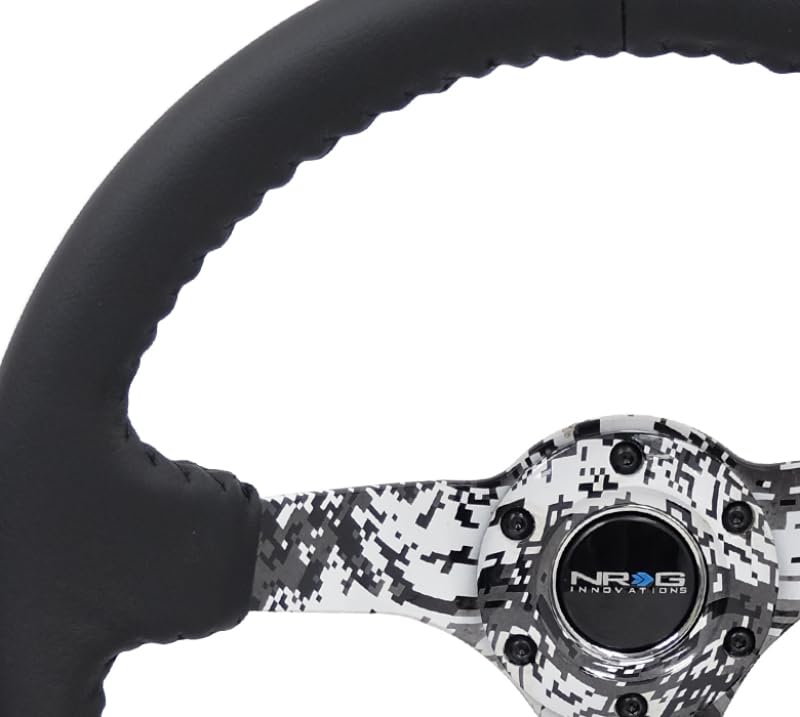 NRG Innovations Reinforced Steering Wheel NRG-RST-036DC-R, Hydro Dipped Digital Camo 3" Deep, 5mm Spoke, 350mm Sport Steering Wheel Black Leather With Black Baseball Stitching