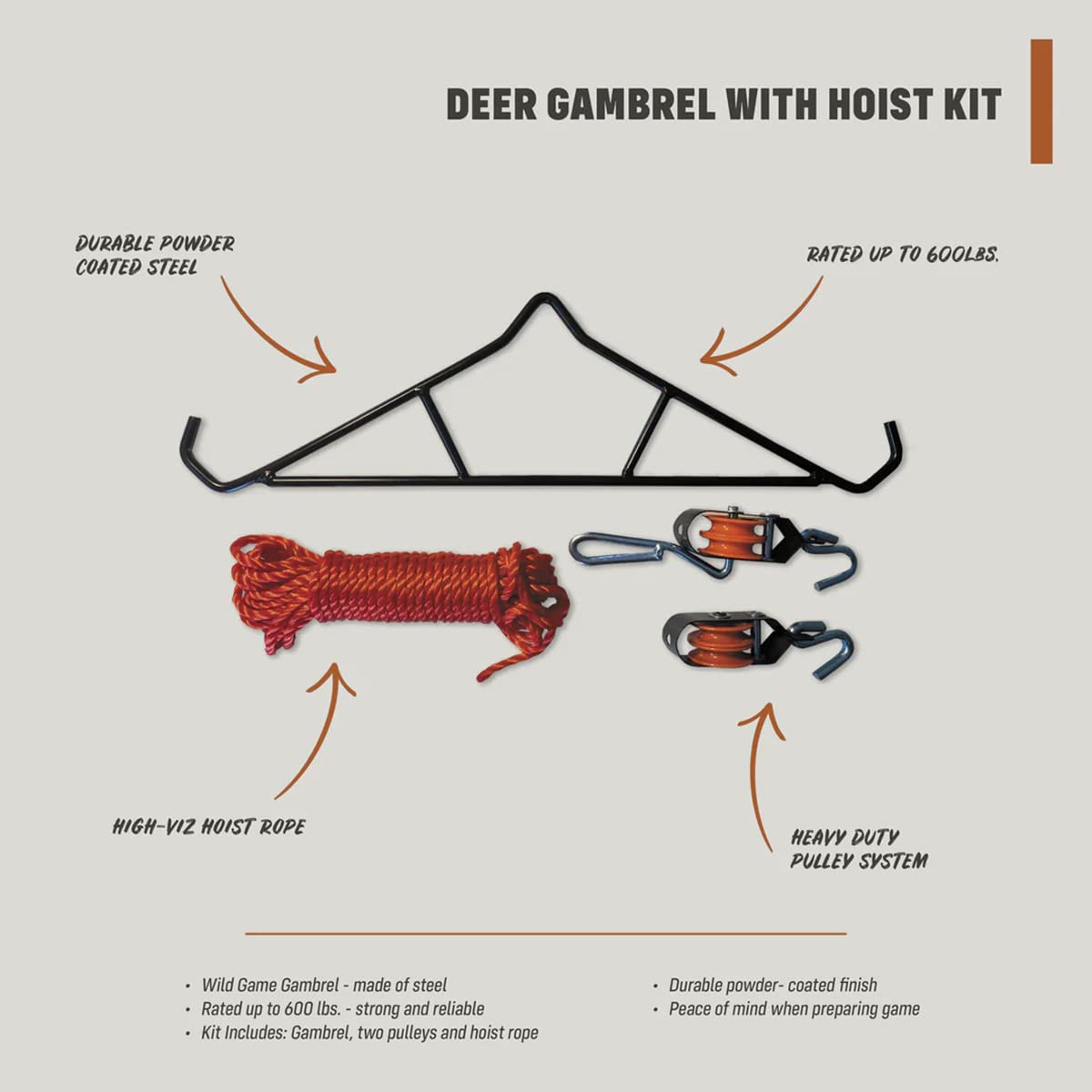 Hanging Half Rack Deer Gambrel Hoist Kit - Tough Game Hanger Kit w/Gambrel, 2 Pulleys, & Deer Hoist Rope - Strong & Reliable Deer Hanger for Skinning Holds up to 600 lbs - Powder-Coated Finish