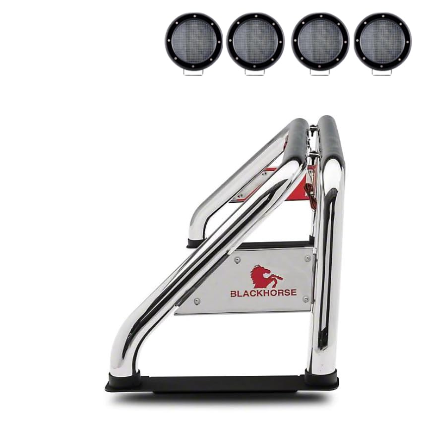 CLASSIC Black Horse Roll Bar Incl. Set of 5.3"Dia.LED Lights w/Black Trim Rings Stainless Steel Compatible with 19-24 Ram 1500 Excludes CLASSIC models-RB002SS-PLFB