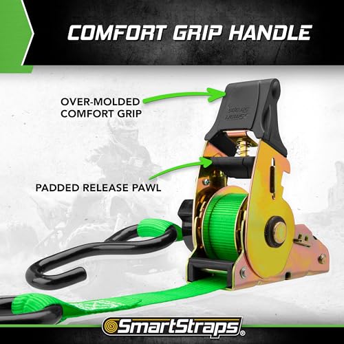 Retractable Ratchet Tie Down Straps SMARTSTRAPS (4 PK) 1,500lb Break Strength, 500lb Safe Work Load, Standard Duty, Secure and Haul ATVs, Lawn Tractors, Cargo, Boxes and Other Small Equipment