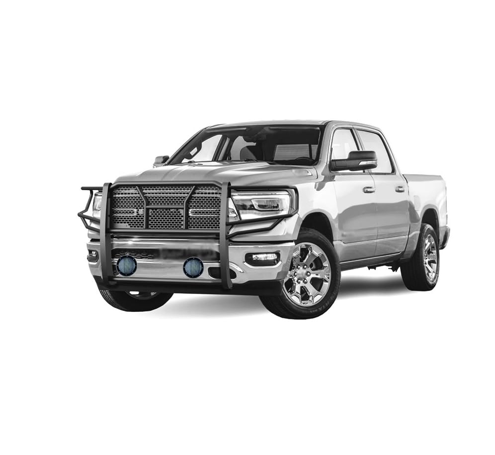 Heavy Duty Black Horse Rugged Grille Brush Bumper Guard Modular Come with Pair of 5.3" Dia.LED Lights with Black Trim Rings Compatible with 2019-2025 Ram 1500-RU-DORA19-B-PLFB