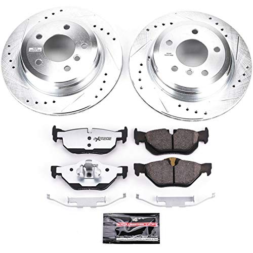 Power Stop K3002-26 Z26 Carbon Fiber Brake Pads Rear with Drilled & Slotted Brake Rotors Kit and 1 Rear Sensor Wire For BMW 328i, BMW 328i xDrive, BMW 328xi [Model Specific]