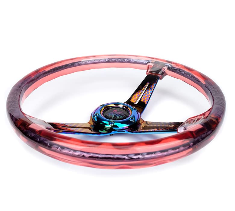 NRG Innovations Reinforced Steering Wheel NRG-RST-027GM-RD 350mm 2" Deep Dish Clear Acrylic in Red and Geometric NeoChrome Spoke Finish with Slits