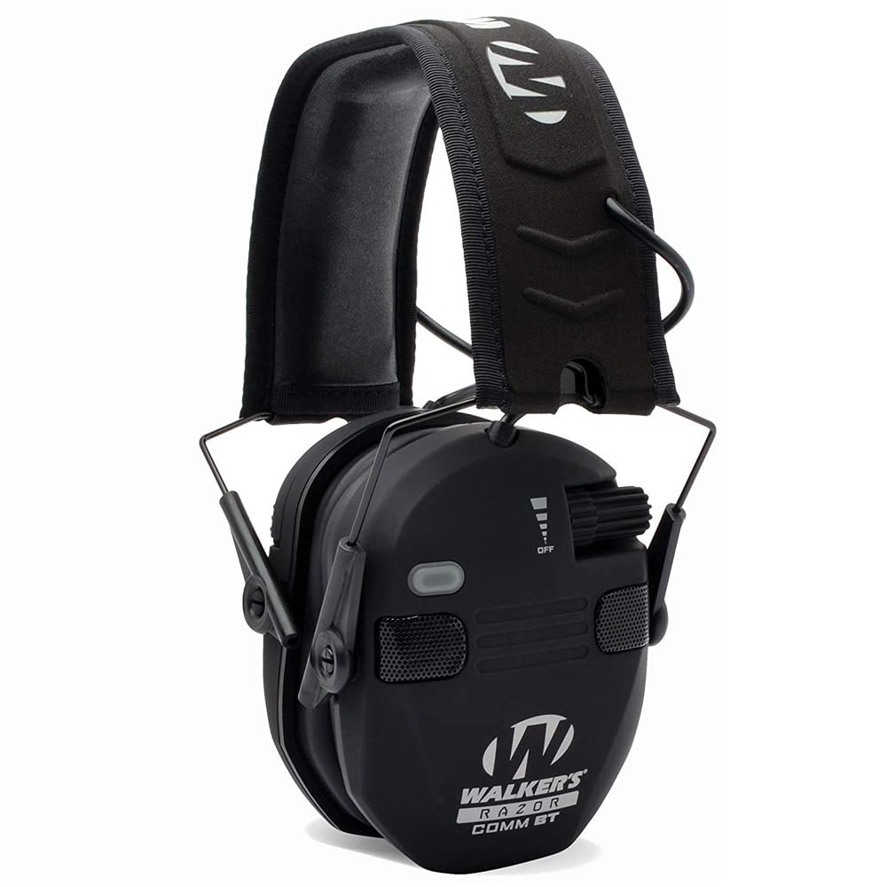 WALKER'S Quad Electronic Razor Muff w/ Bluetooth | 4 Mics 360-Degree Sound Capture 23dB NRR Hearing Protection Range Shooting Earmuffs w/ 2 AAA Batteries, Black
