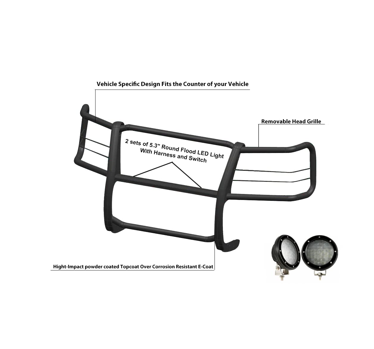 Bumper Guard Black Horse Grille Brush Modular Black Come with Pair of 5.3" Dia.LED Lights with Black Trim Rings Compatible with 2015-2024 Chevrolet Express Passenger-17GV02MA-PLFB