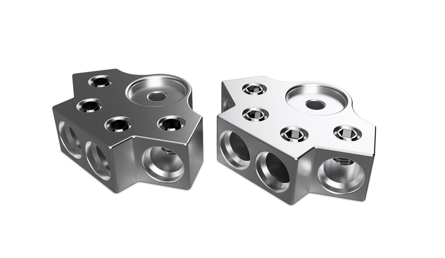 600 Series XS Power Batteries Aluminum Terminal Blocks, 1/0, 4 Spots, M6/M8 Bolts, Pair