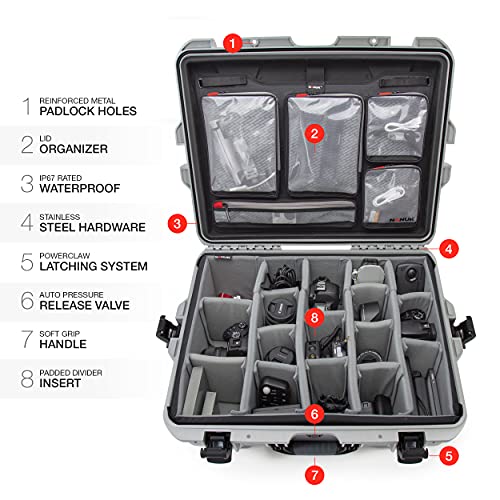 Waterproof Nanuk 945 Hard Case with Lid Organizer and Padded Divider - Silver