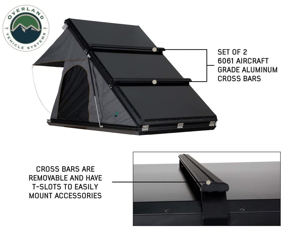Overland Vehicle Systems Mamba HD Clam Shell Aluminum Hard Shell Roof Top Tent, Grey Body & Green Trim - Premium 280G Rip Stop Waterproof Tent Body - 2 to 3 Person Roof Top