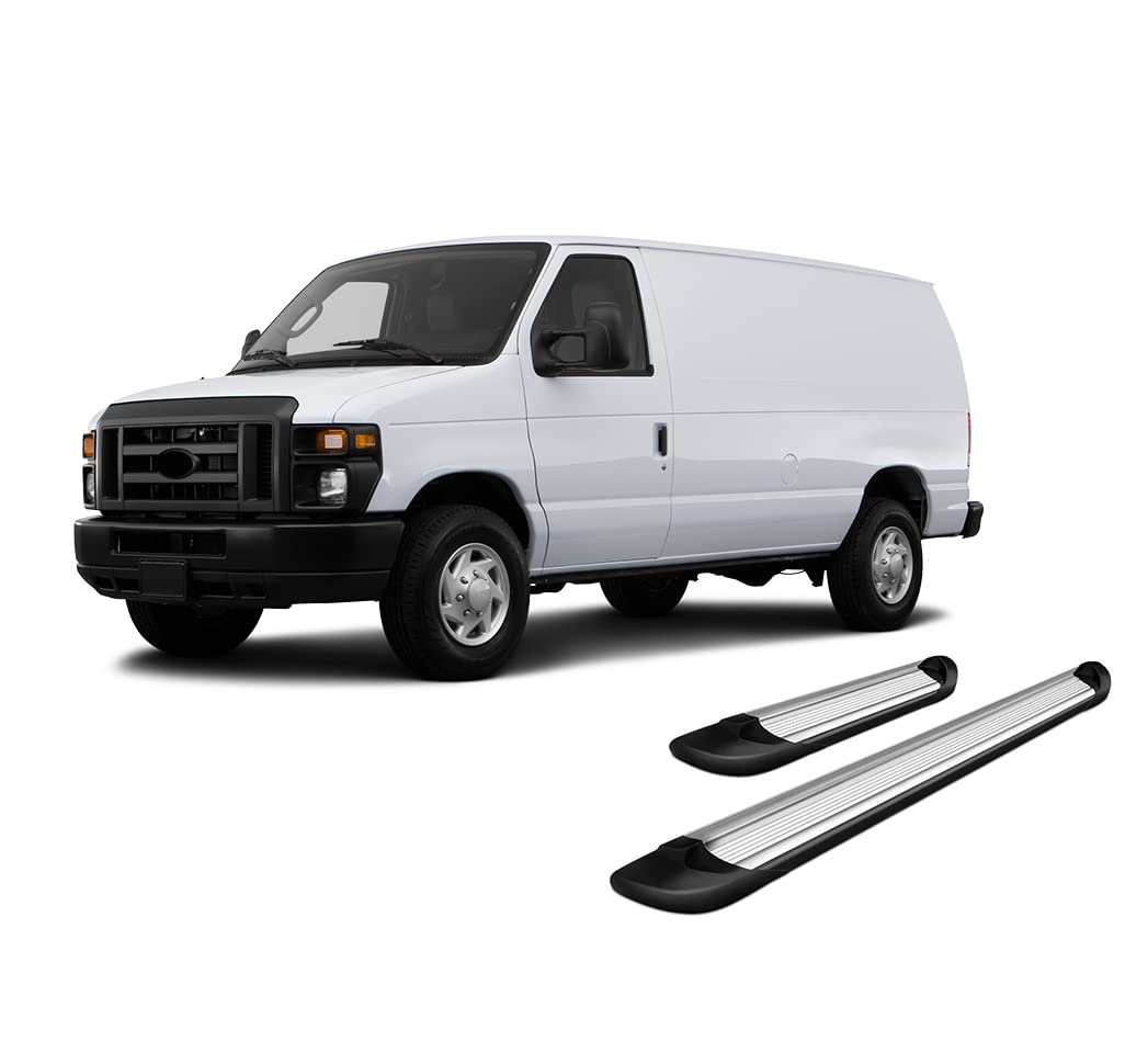 Transporter Running Boards Black Horse Silver Compatible with 02-14 Ford E-150|07-08 E-150 Econoline|99-05 E-150/E-350 Econoline CW|03-14 E-250|02-05 E-350 CW|99-00 E-350 Econoline-TR-F53596S
