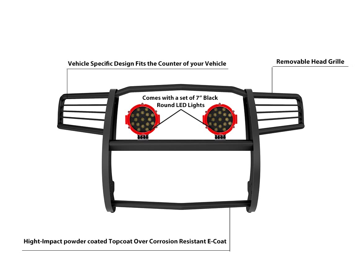 Bumper Guard Black Horse Grille brush Modular Come With pair of 7.0"Dia.LED Lights with Red Trim Rings Compatible with 2011-2021 Jeep Grand Cherokee-17A080202MA-PLR
