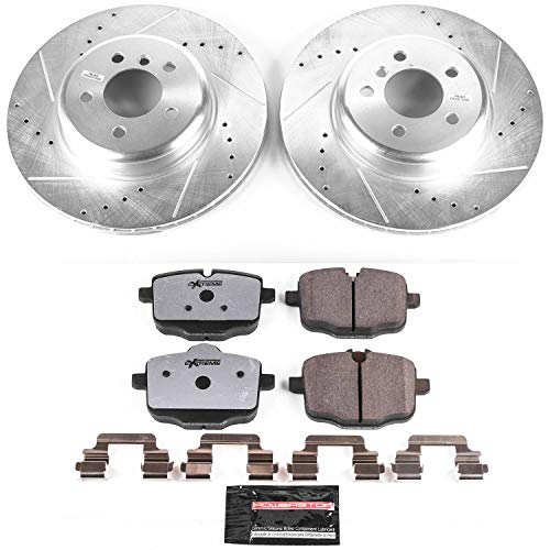 Power Stop K6037-26 Z26 Carbon Fiber Brake Pads Rear with Drilled & Slotted Brake Rotors Kit and 1 Rear Sensor Wire