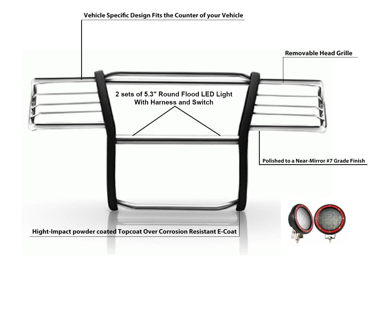 Grille Brush Black Horse Bumper Guard Modular S/S Come with Pair of 5.3" LED Lights Compatible with 1999-2002 Silverado 1500|2000-2006 Suburban 1500/Tahoe/Yukon/Yukon XL 1500-17GT23MSS-PLFR