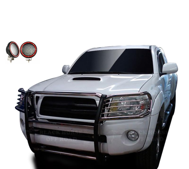 Grille Brush Black Horse Bumper Guard Modular Stainless Steel Come with Pair of 5.3" Dia.LED Lights with Red Trim Rings Compatible with 2005-2015 Toyota Tacoma-17A096400MSS-PLFR