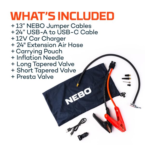 NEBO Air Assist 2000XP Jump Starter and Compressor | 55.5Wh Power Supply Box Restarts 12V Battery Vehicles, 150 PSI Inflates Tires, Integrated Floodlight, USB Ports, TSA Approved