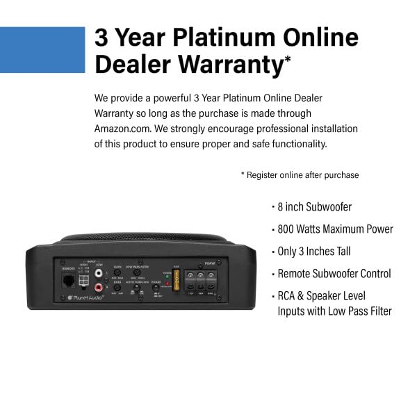 8 Inch Planet Audio P8AW Powered Under Seat Car Subwoofer - 800 Watts Max, Single 4 Ohm Voice Coil, Built-in Amp Package, Remote Subwoofer Control