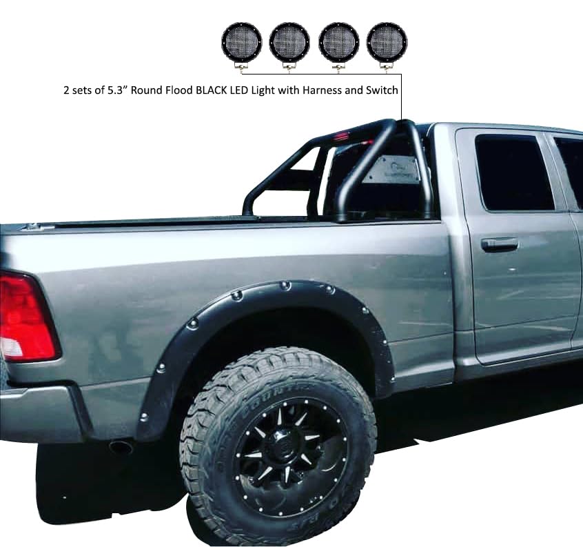 Classic Black Horse Roll Bar Incl. Set of 5.3" Dia.LED Lights w/Black Trim Rings Compatible with 2005-2021 Nissan Frontier-RB-NIFRB-PLFB