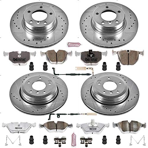 Power Stop K5764-26 Z26 Carbon Fiber Brake Pads Front and Rear with Drilled & Slotted Brake Rotors Kit and 1 Front & 1 Rear Sensor Wires For BMW 525i 2004-2005 [Model Specific]