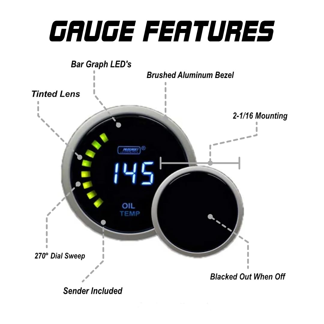 Performance Oil Temperature Gauge Prosport – Digital Series Blue – 52mm (2 1/16") – Electric Oil Temp Meter with Blue LED Display – Car Dashboard Monitoring Gauge for Performance Engines