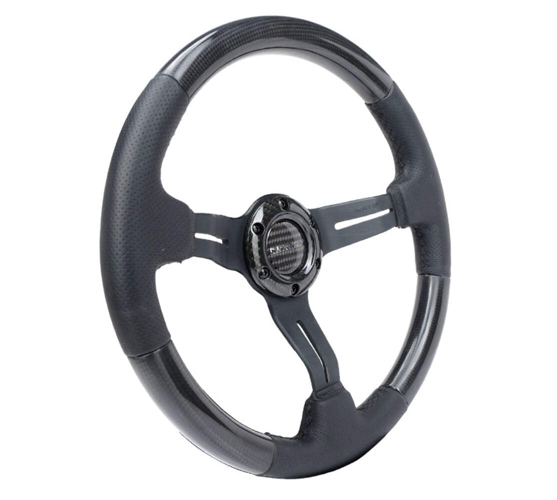 NRG Innovations Steering Wheel NRG-ST-010CFBS - Carbon Fiber Steering Wheel with LEATHER ACCENT 350mm 1.5" DEEP BLACK STICHING