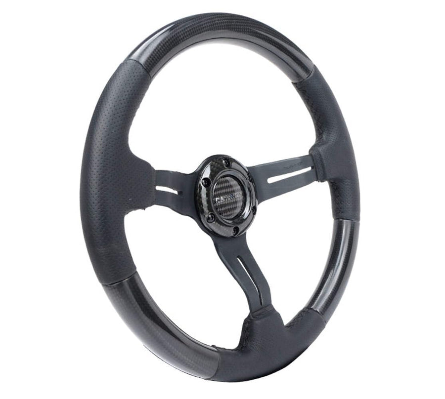 NRG Innovations Steering Wheel NRG-ST-010CFBS - Carbon Fiber Steering Wheel with LEATHER ACCENT 350mm 1.5" DEEP BLACK STICHING