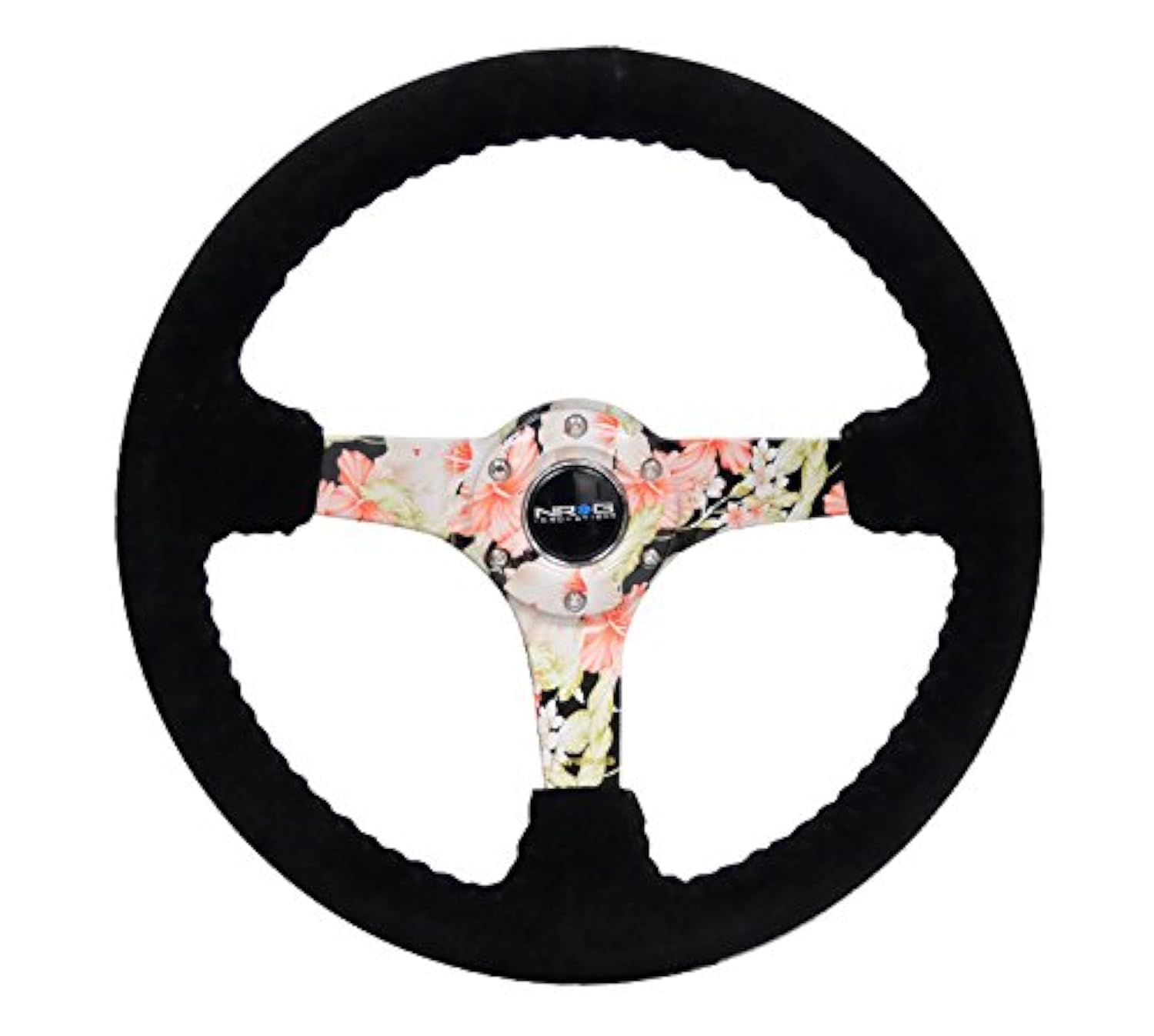 NRG Innovations Reinforced Steering Wheel NRG-RST-036FL-S - Hydro Dipped Tropical Floral 3" Deep, 5mm Spoke, 350mm Sport Steering Wheel Black Suede With Black Baseball Stitching