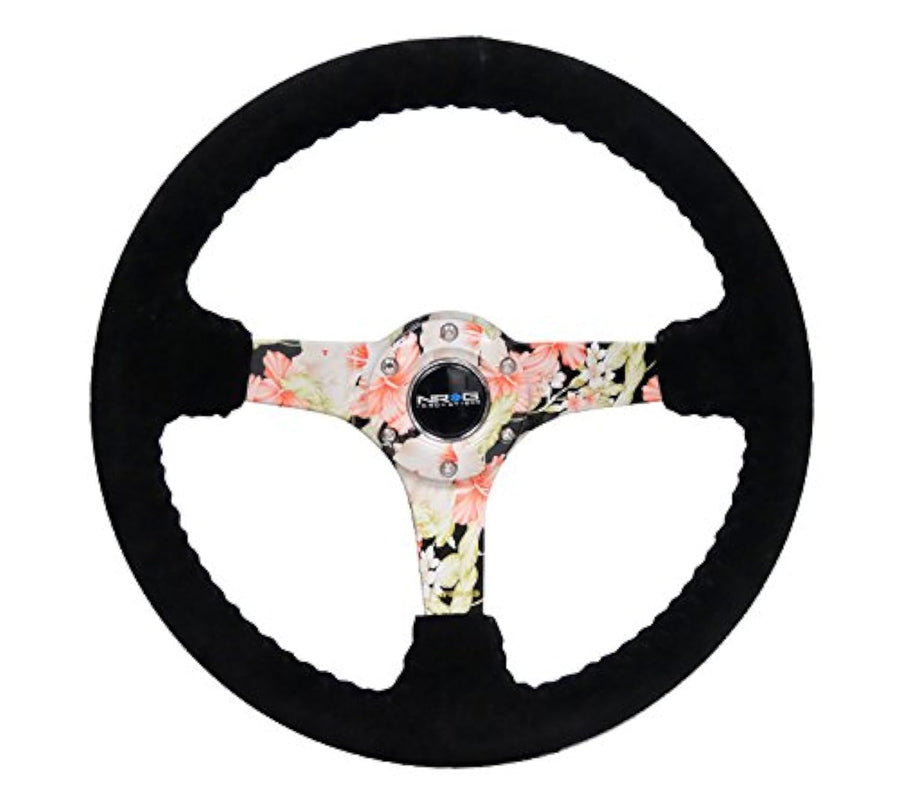 NRG Innovations Reinforced Steering Wheel NRG-RST-036FL-S - Hydro Dipped Tropical Floral 3" Deep, 5mm Spoke, 350mm Sport Steering Wheel Black Suede With Black Baseball Stitching