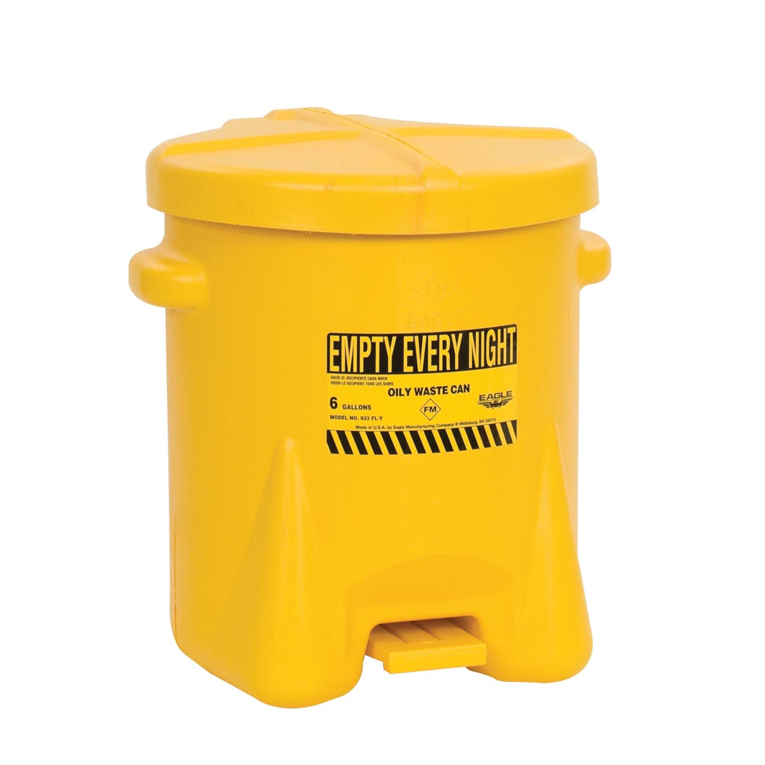 Eagle Oily Waste 933FLY Polyethylene Safety Can with Foot Lever, 6 Gallon Capacity, Yellow