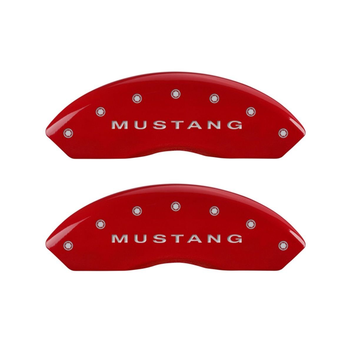SET OF 4 CALIPER COVERS, FRONT: S197/GT- REAR: MUSTANG, RED, SILVER CHARACTERS