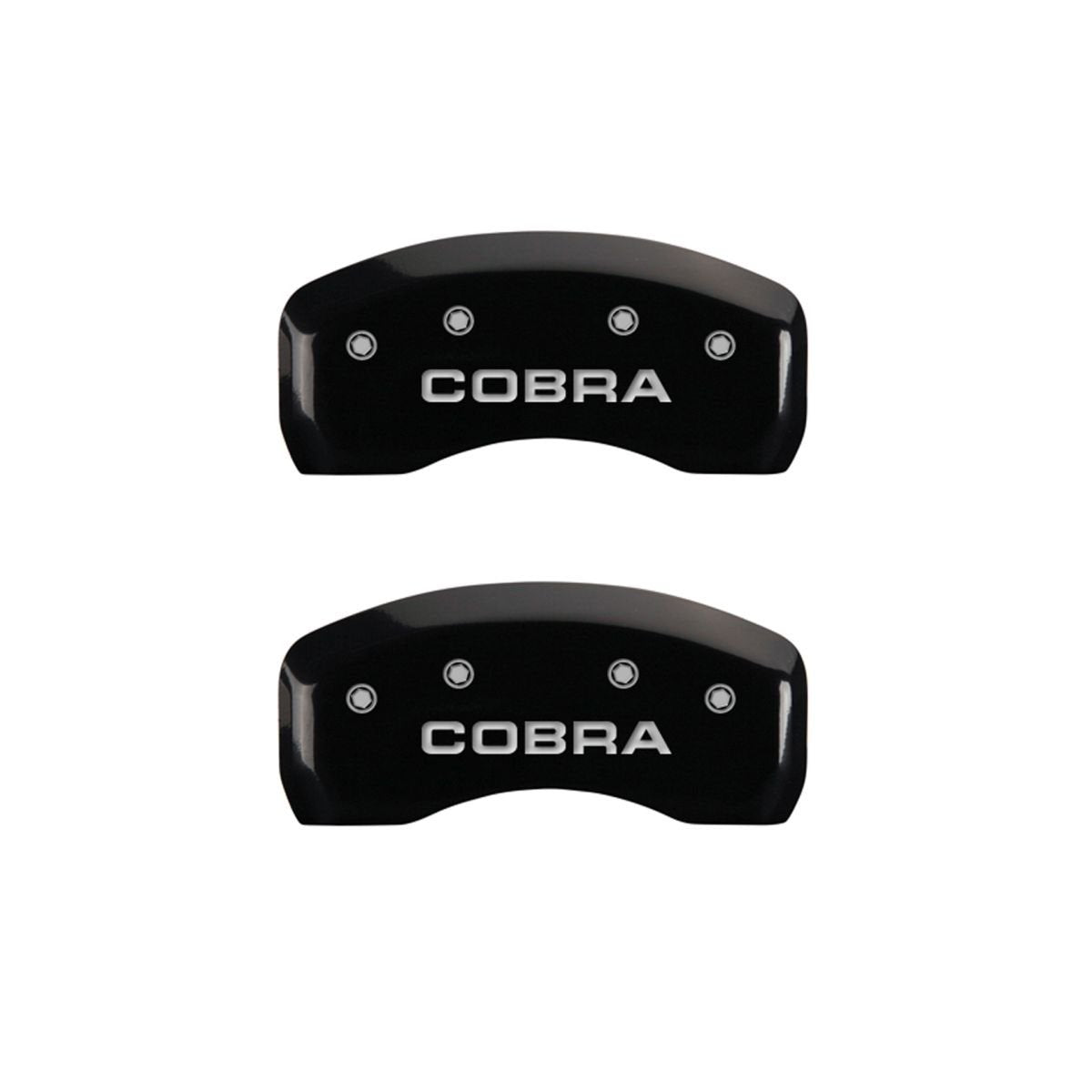 SET OF 4 CALIPER COVERS, BLACK FRONT AND REAR: COBRA, SILVER CHARACTERS