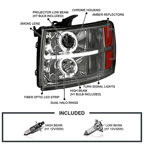 Halo LED SPEC-D TUNING Glossy Black Projector Headlights Compatible with 2007-2013 Chevy Silverado 1500, 2007-2014 Chevy Silverado 2500HD/3500HD, Left + Right Pair Headlamps Assembly