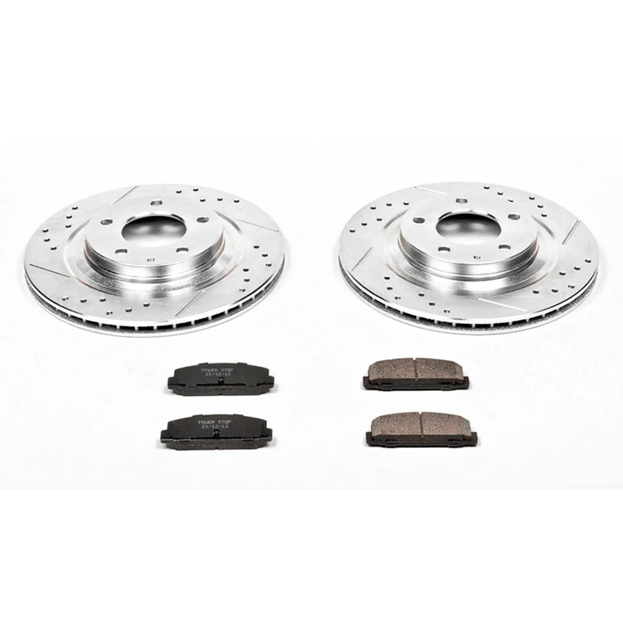 Power Stop K4835 Z23 Rear Carbon Fiber Brake Pads with Drilled & Slotted Brake Rotors Kit For Mazda RX-7 1993-1995 [Model Specific]