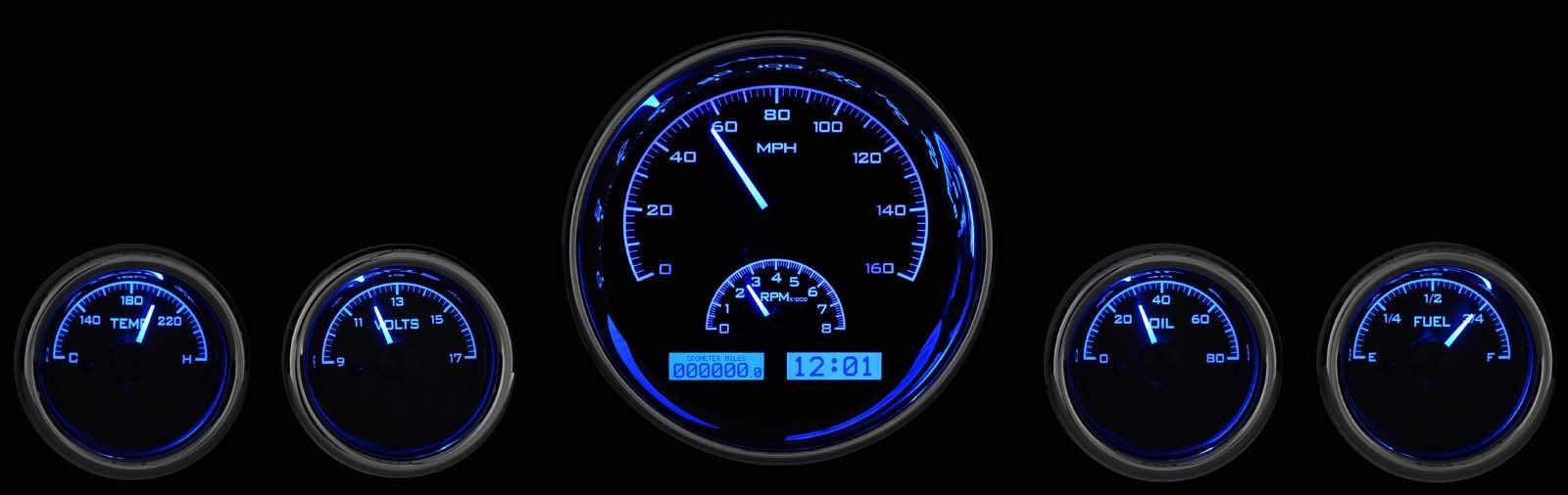 Round Five-Gauge Universal VHX System, Carbon Fiber Style Face, Blue Display