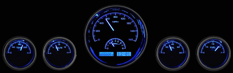 Round Five-Gauge Universal VHX System, Carbon Fiber Style Face, Blue Display