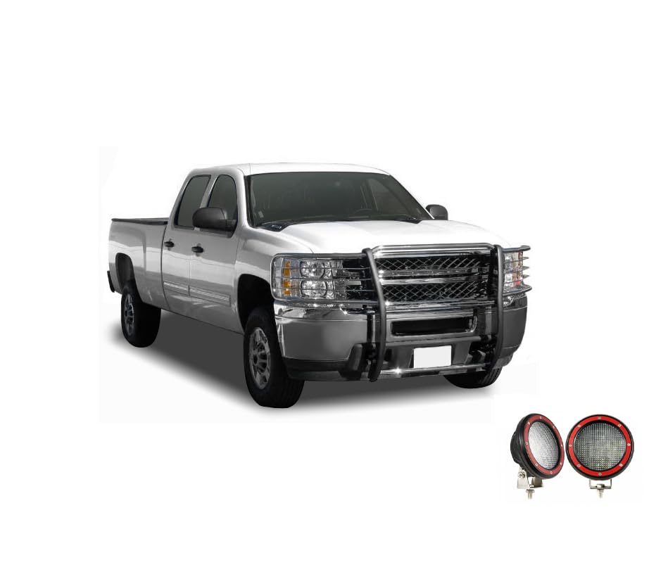 Grille Brush Black Horse Bumper Guard Modular Stainless Steel Come with Pair of 5.3" Dia.LED Lights with Red Trim Rings Compatible with 2014-2018 Chevrolet Silverado 1500-17GT27MSS-PLFR