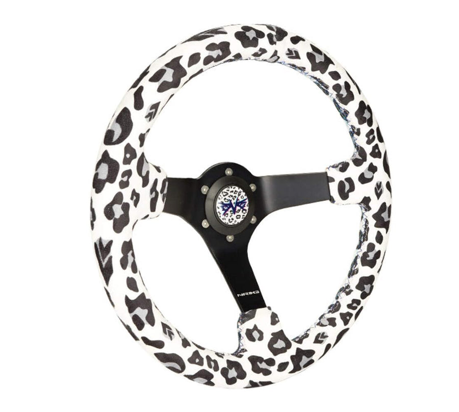 NRG Innovations Reinforced Sport Steering Wheel NRG-RST-036MB-SV-WT, 350mm (3' deep) Savage WhiteLeopard Printed Micro Fiber Vegan Material with Matte Black Spoke