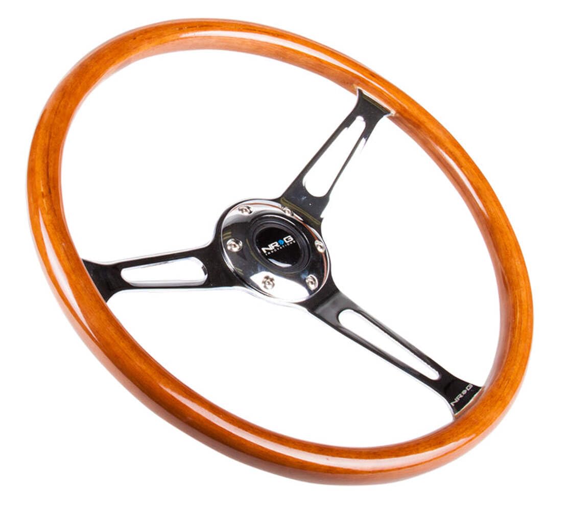 NRG Innovations Reinforced NRG-RST-360SL Classic Wood Grain Wheel, 360mm, 3 Spoke Center in Chrome, Custom Stained Mahogany