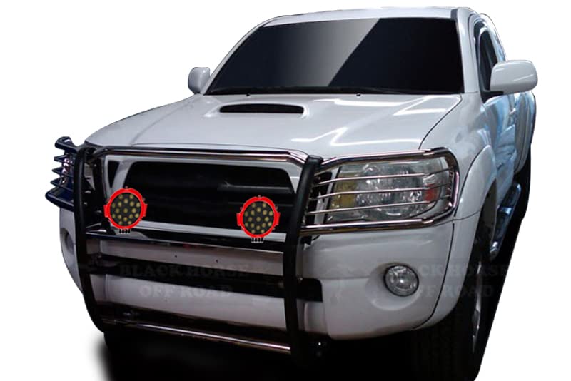 Bumper Guard Black Horse Grille brush Modular Stainless Steel Come With pair of 7.0"Dia.LED Lights with Red Trim Rings Compatible with 2005-2015 Toyota Tacoma-17A096400MSS-PLR