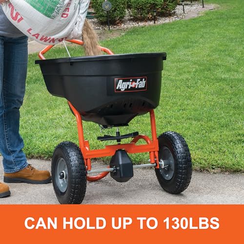 Push Agri-Fab 45-0614 130 lb. Lawn & Garden Broadcast Spreader for Seed,Fertilizer,Salt,Ice Melt; Walk Behind with Easy to use Flow Control Lever