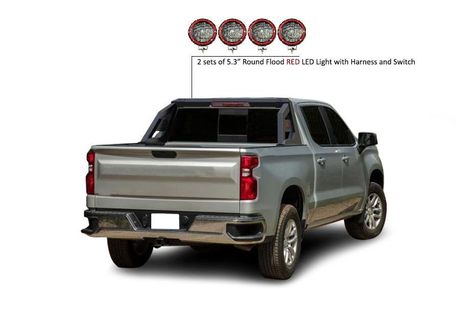 Roll Bar Black Horse Armour Incl. Set of 5.3" Dia.LED Lights w/Red Trim Rings Matte Black Compatible with 01-06 Chevrolet Silverado 3500|07-22 Silverado 3500 HD/GMC Sierra 3500 HD|07-24 Toyota Tundra