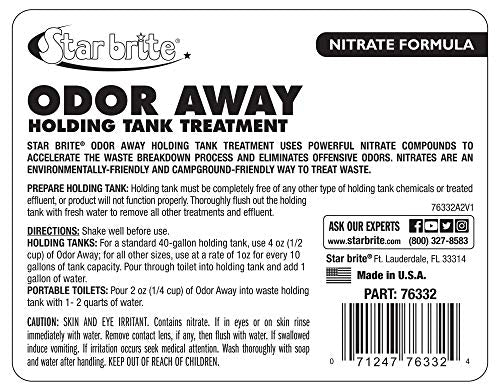 Odor Away STAR BRITE Holding Tank Treatment - Nitrate Formula - Remove Odor & Breakdown Waste Naturally, Ideal for RVs, Boats, Portable Toilets 32 OZ (076332)