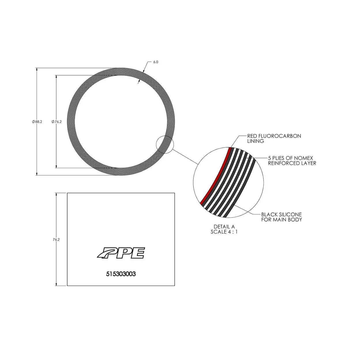 3.0" ID PPE x 3.0" L 6mm 5-ply Performance Silicone for Custom Applications 515303003