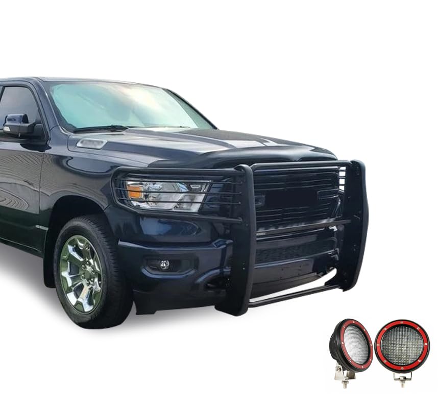 Bumper Guard Modular Black Black Horse Grille Brush Come with Pair of 5.3" Dia.LED Lights with Red Trim Rings Compatible with 2019-2024 Ram 1500-17DG111MA-PLFR