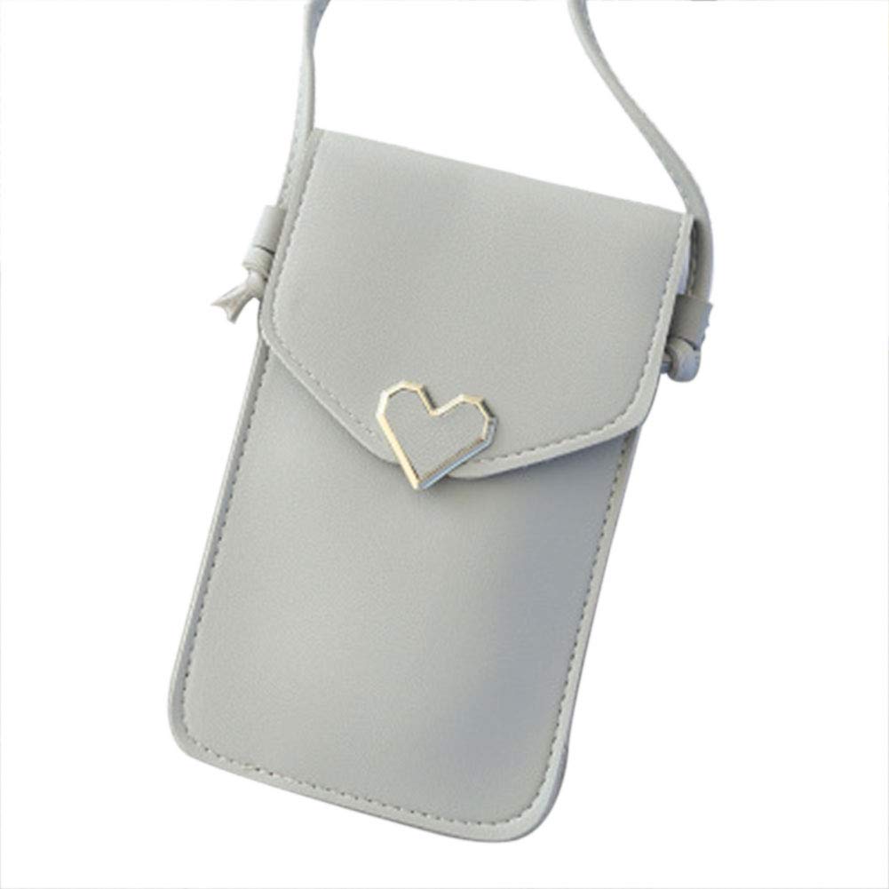 Kathleen0 Handbag Women PU Leather Daily Small rossbody Mobile Phone Gift Touch Screen Outdoor Heart-Shaped Decorative onvenient Transparent(Light Grey)