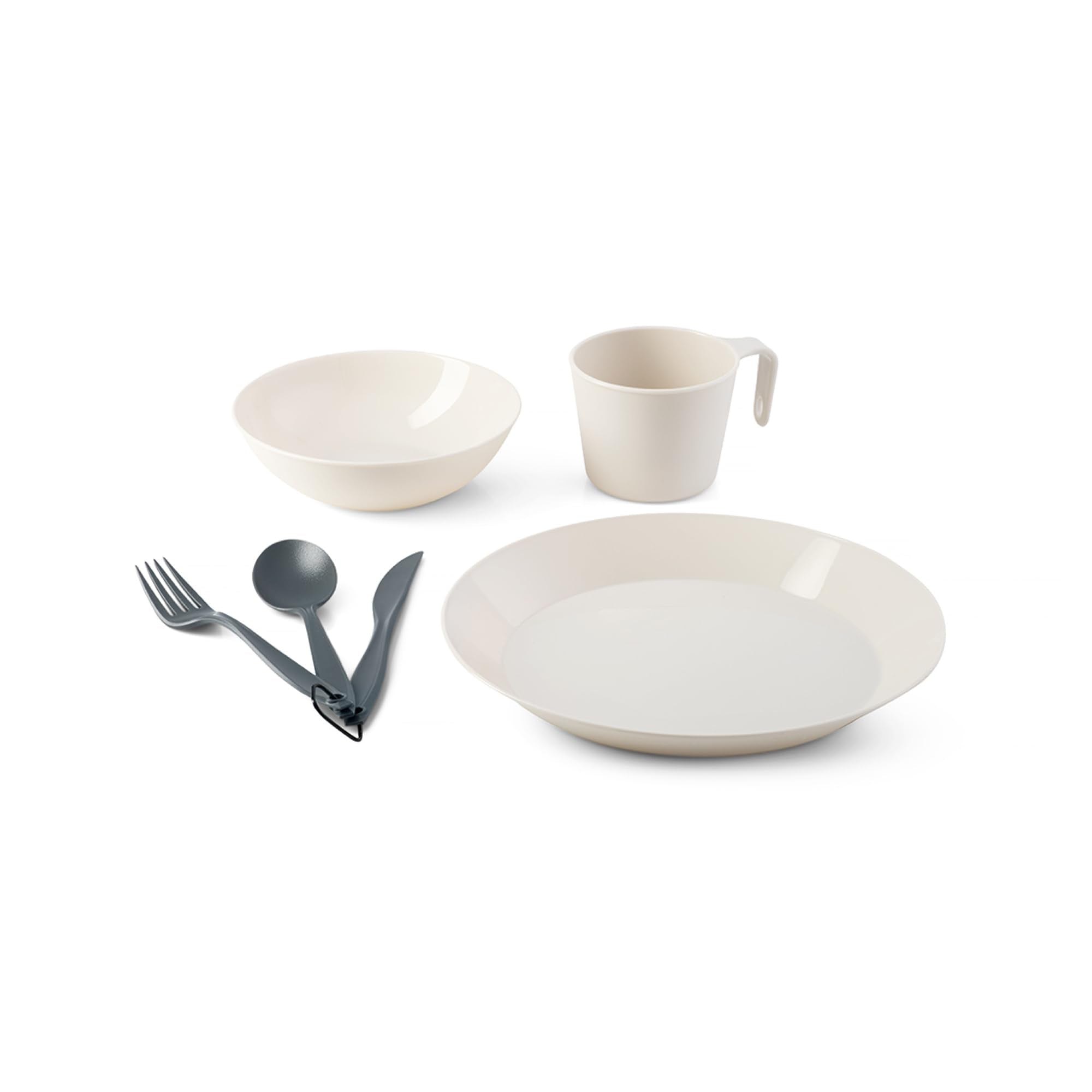 Cascadian GSI Outdoors 1 Person Table Set I 6-Piece Camping, Backpacking Mess Kit, Plastic BPA Free, Plate, Bowl, Mug, Cup & Cutlery Set - Sandstone
