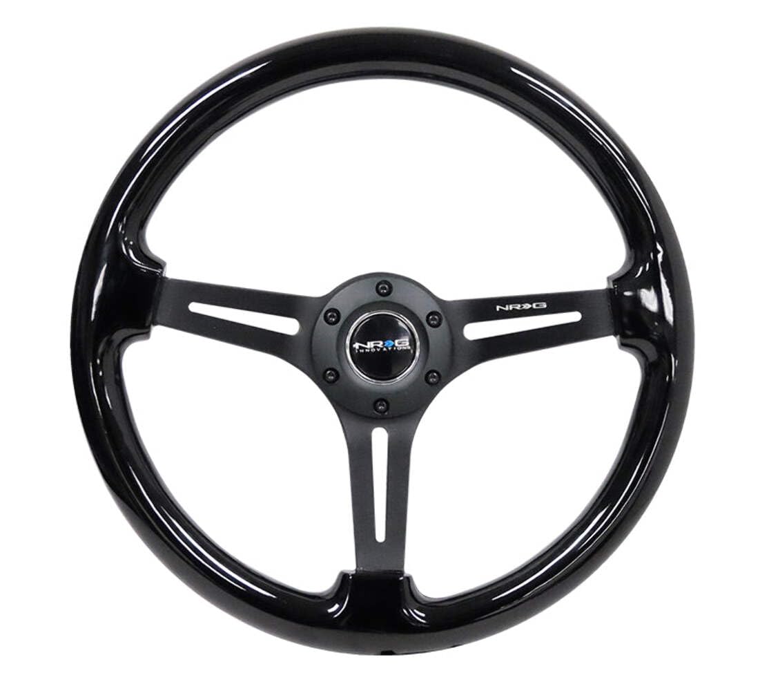 NRG Innovations Reinforced NRG-RST-018BK-BK Classic Wood Grain Steering Wheel, 75mm, 350mm, 3 Spoke Slotted Center Black With Black Painted Wood/Black Painted, Double Riveted Spokes + Horn