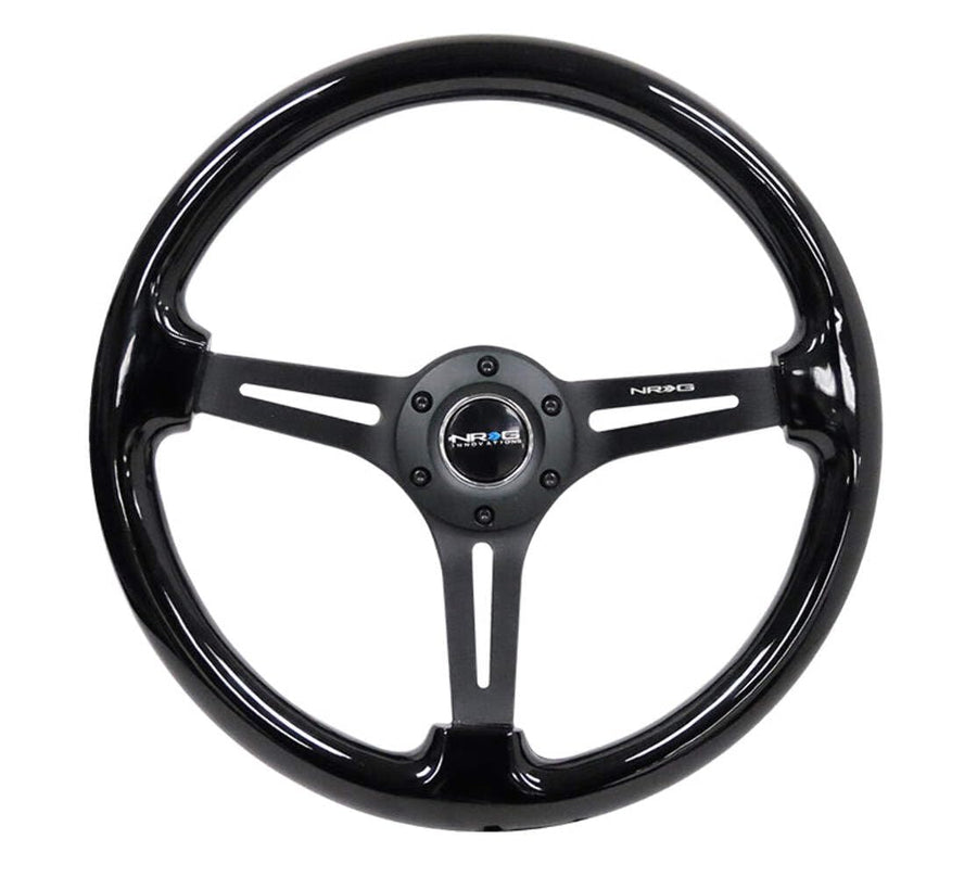 NRG Innovations Reinforced NRG-RST-018BK-BK Classic Wood Grain Steering Wheel, 75mm, 350mm, 3 Spoke Slotted Center Black With Black Painted Wood/Black Painted, Double Riveted Spokes + Horn